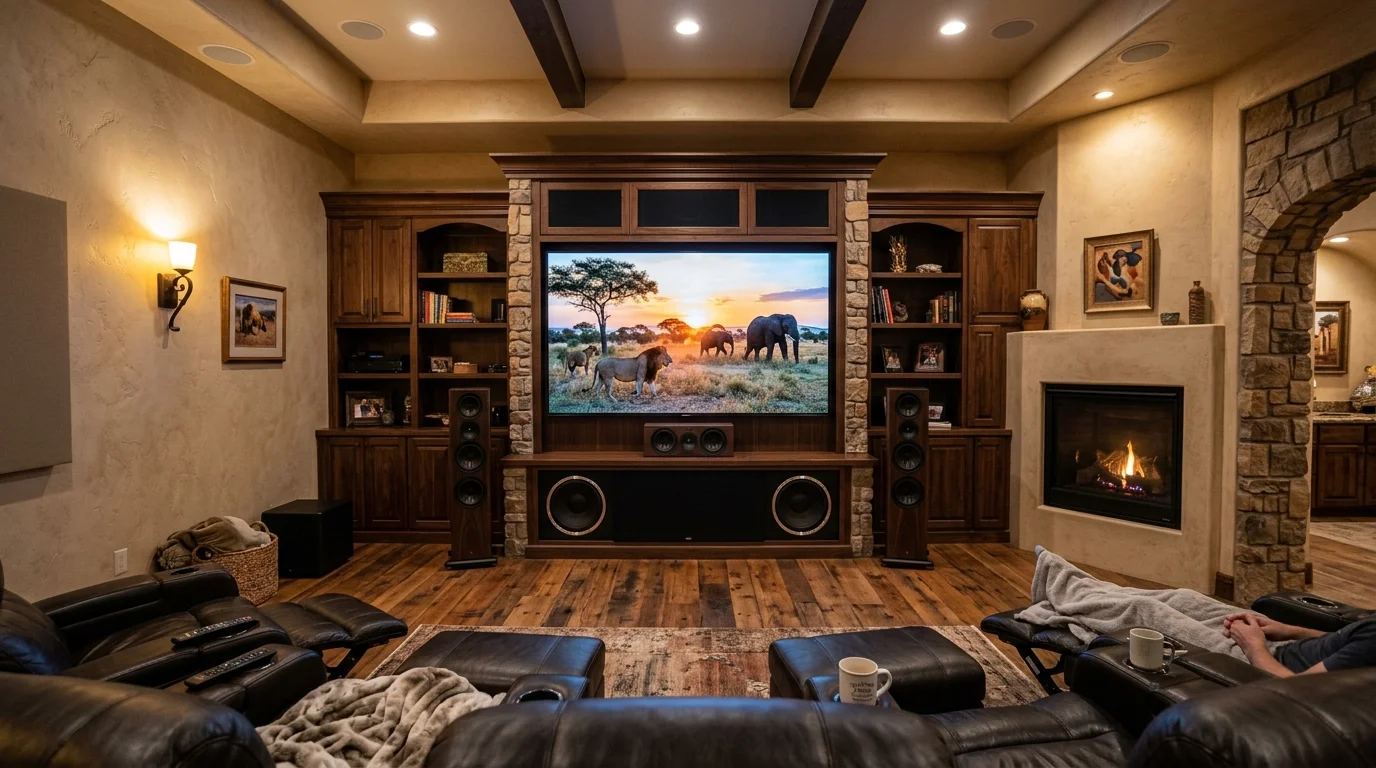 Completed custom home theater installation with entertainment center and speakers