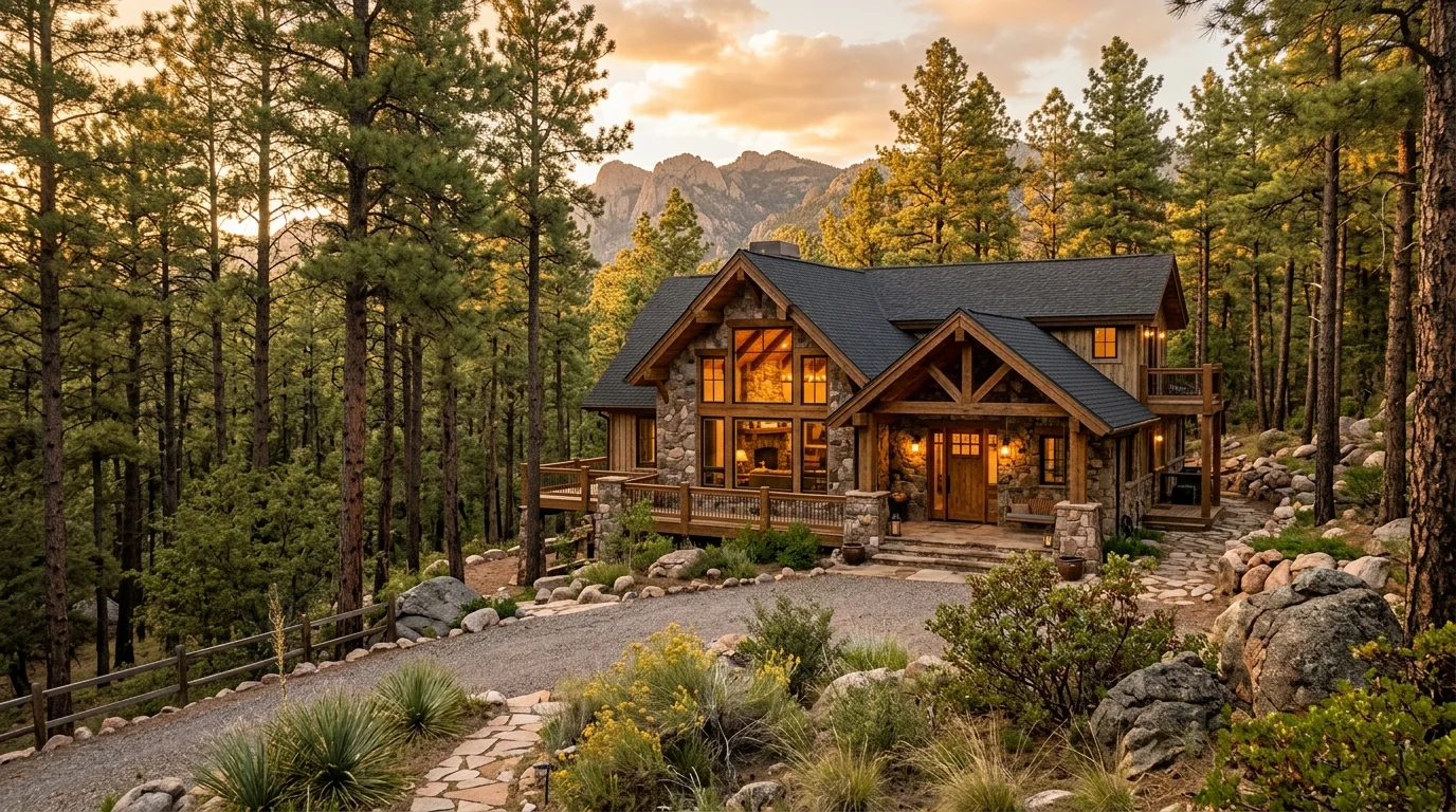 Prescott Arizona mountain home among ponderosa pines at golden hour