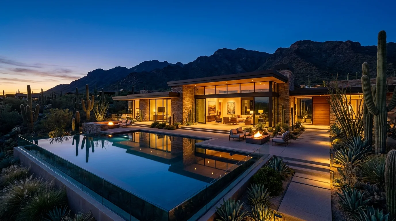 Modern Scottsdale Arizona estate with infinity pool at blue hour