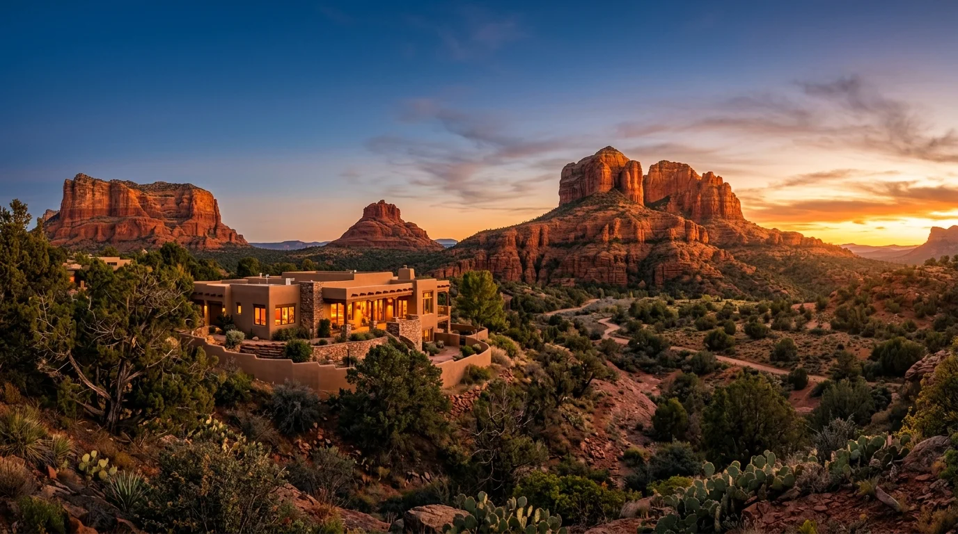 Sedona Arizona red rock landscape with luxury home at golden hour