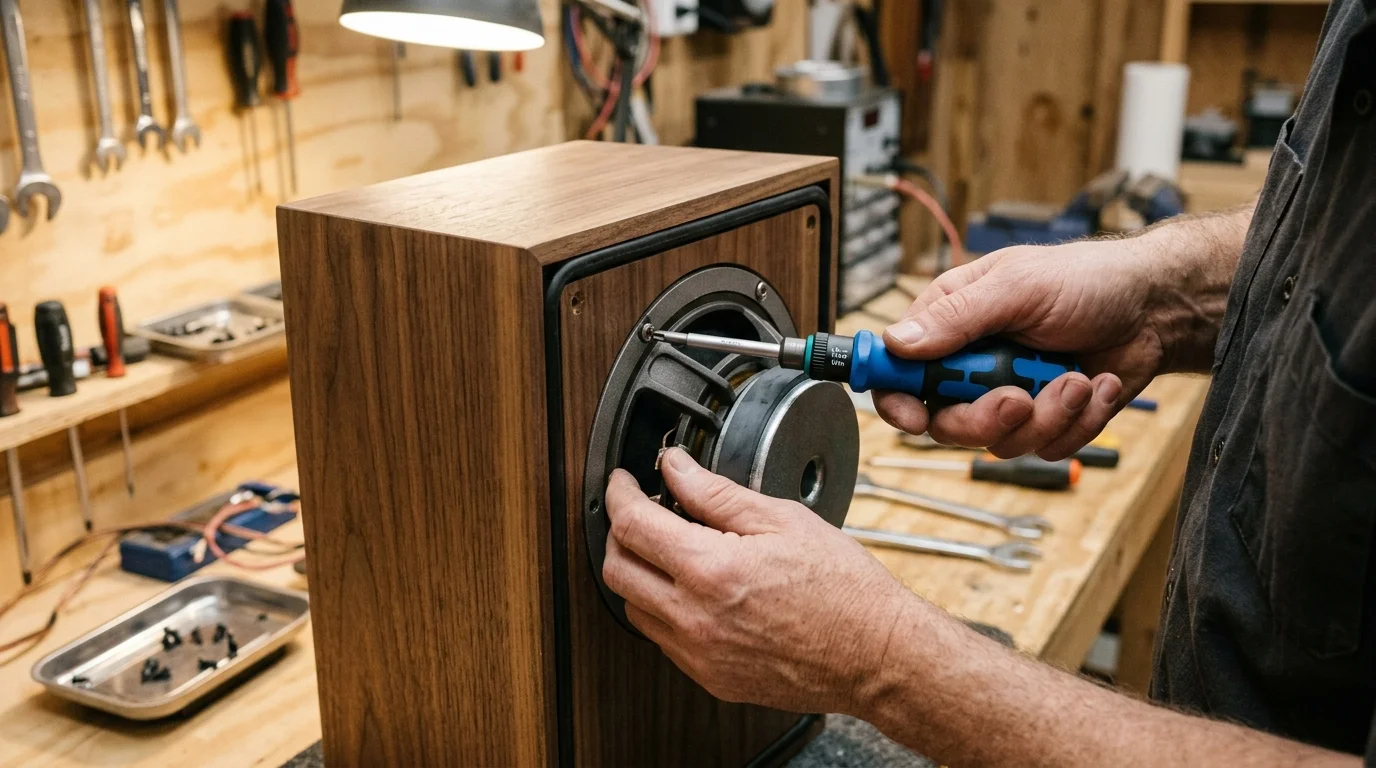 Craftsman hands installing speaker driver with precision torque screwdriver