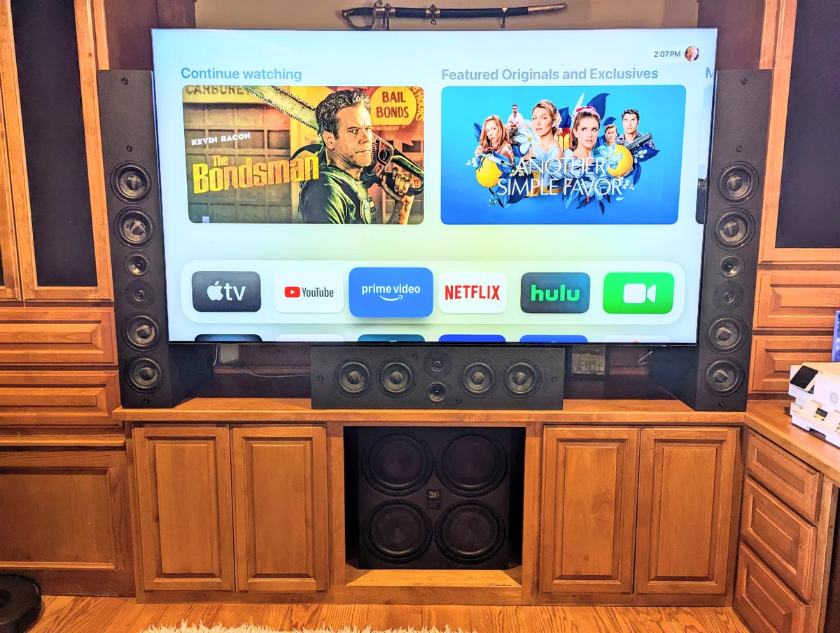 Completed WubWub Audio home theater installation with tower speakers center channel and quad subwoofer