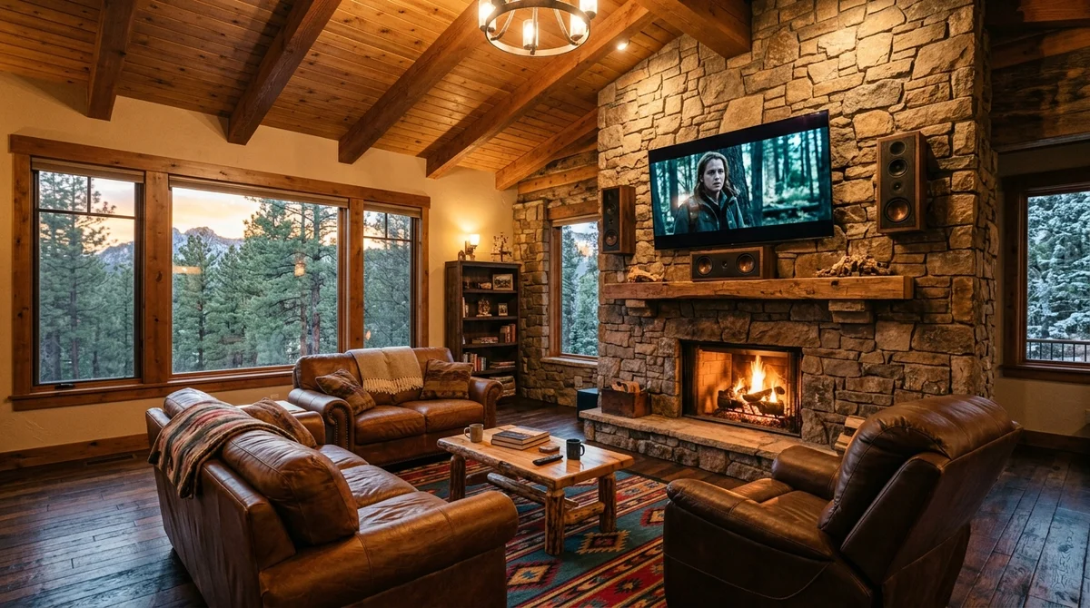 Custom home theater installation in Prescott Arizona mountain cabin with timber ceiling and stone fireplace