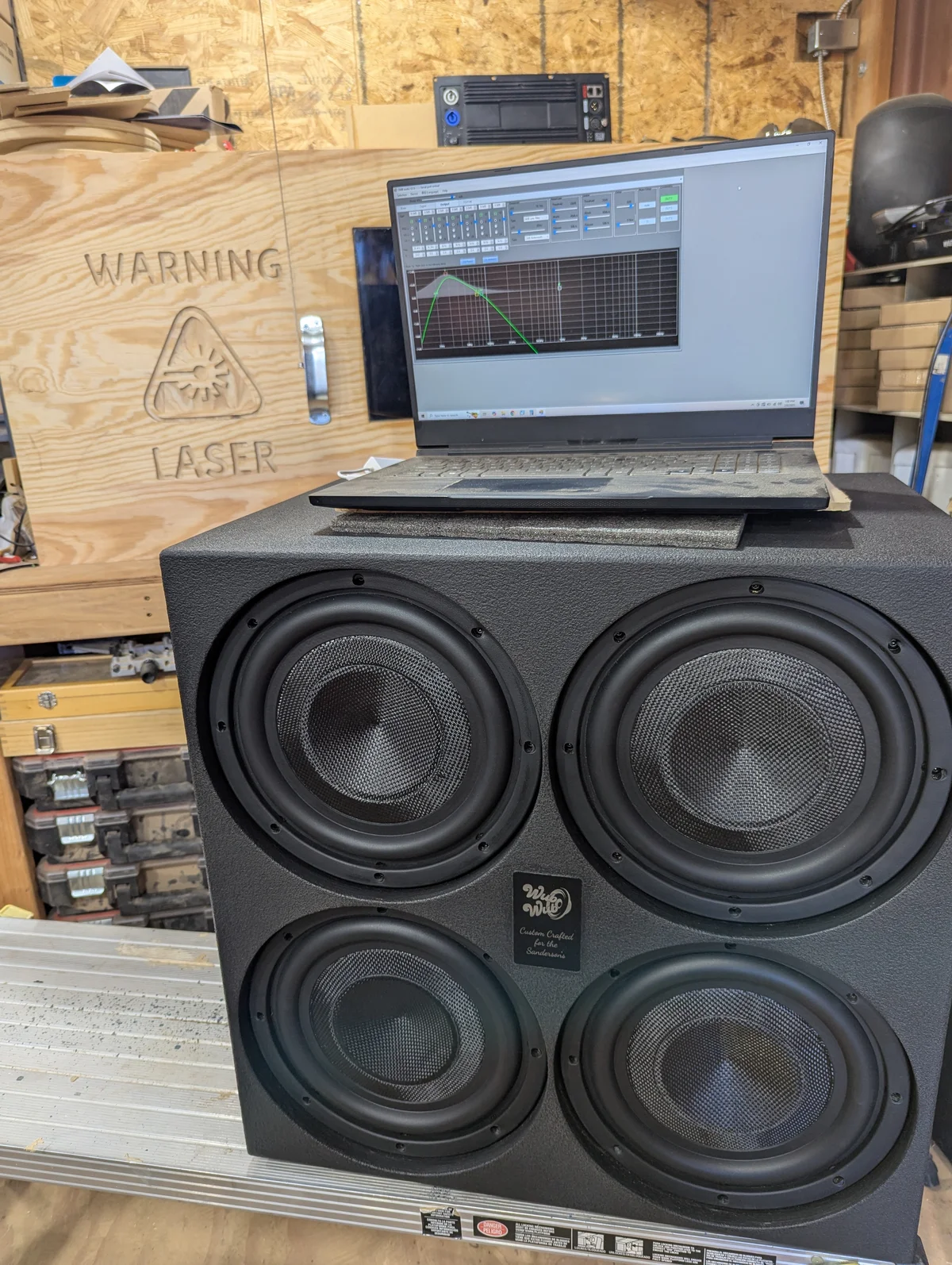 WubWub Audio speaker with DSP calibration software in Arizona high desert workshop