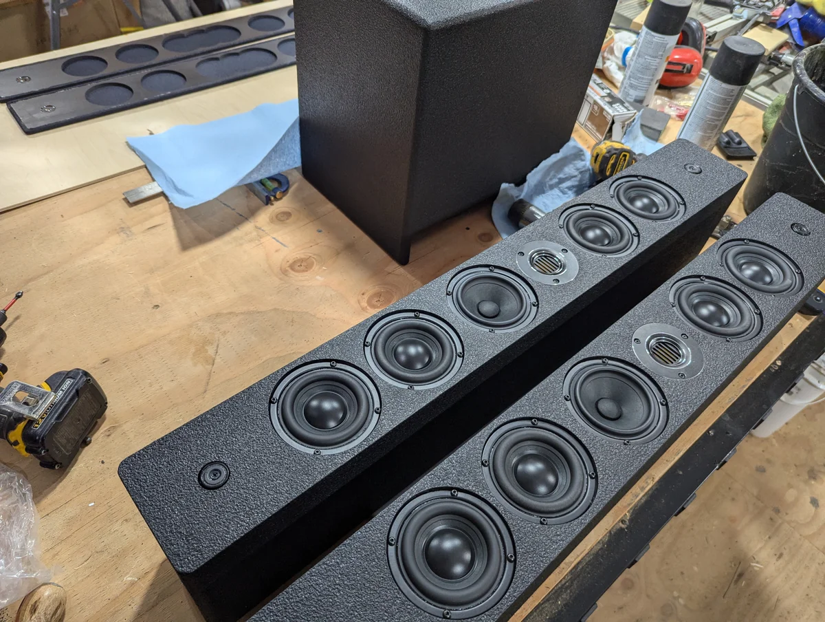 WubWub Audio custom center channel speakers with multiple drivers assembled on workshop bench