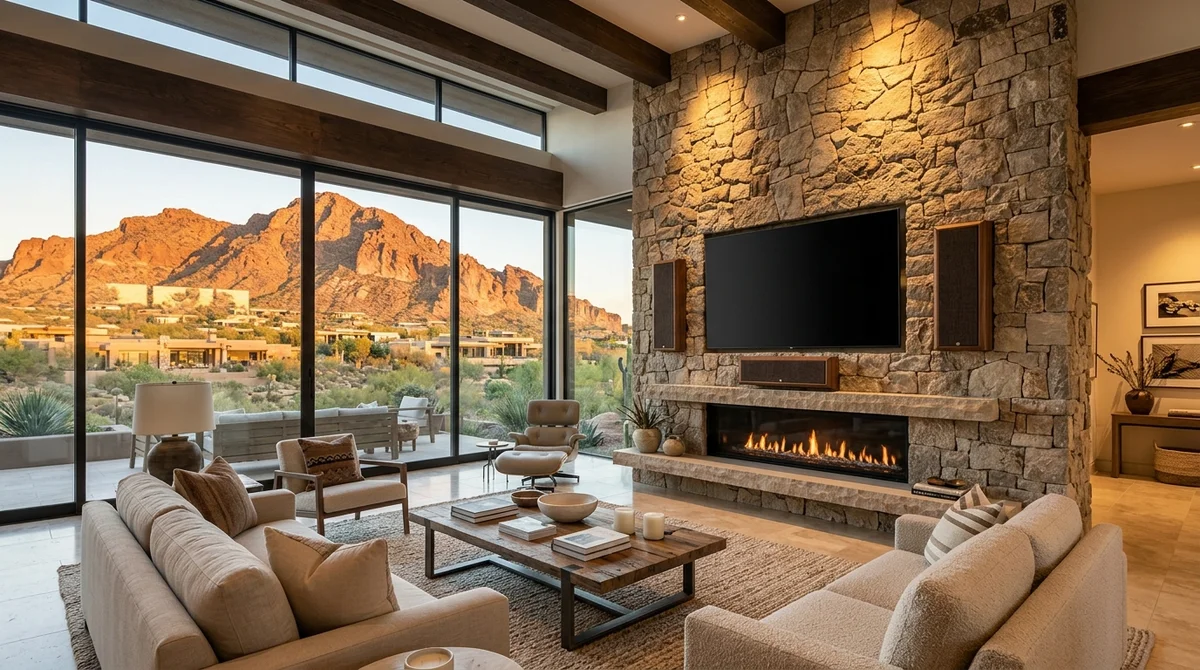 Luxury Paradise Valley Arizona estate living room with custom home theater and Camelback Mountain views
