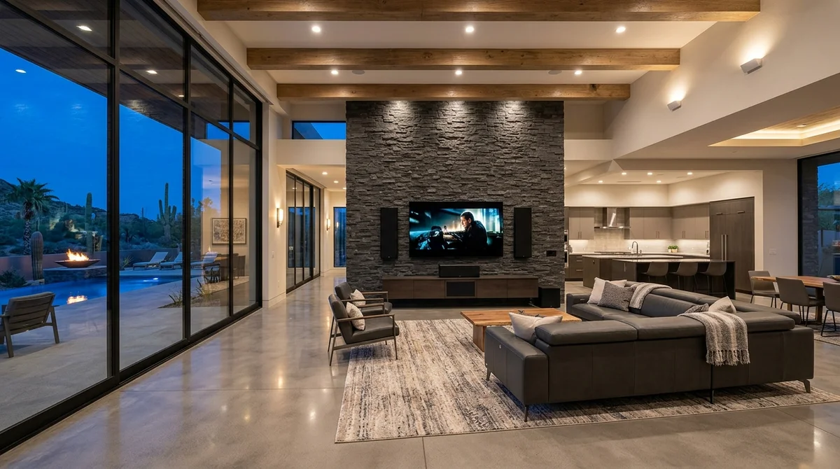 Modern Scottsdale Arizona estate great room with custom home theater and on-wall speakers