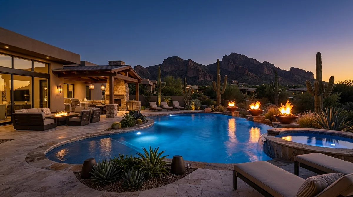 Resort-style Scottsdale Arizona backyard with pool and outdoor audio system at dusk
