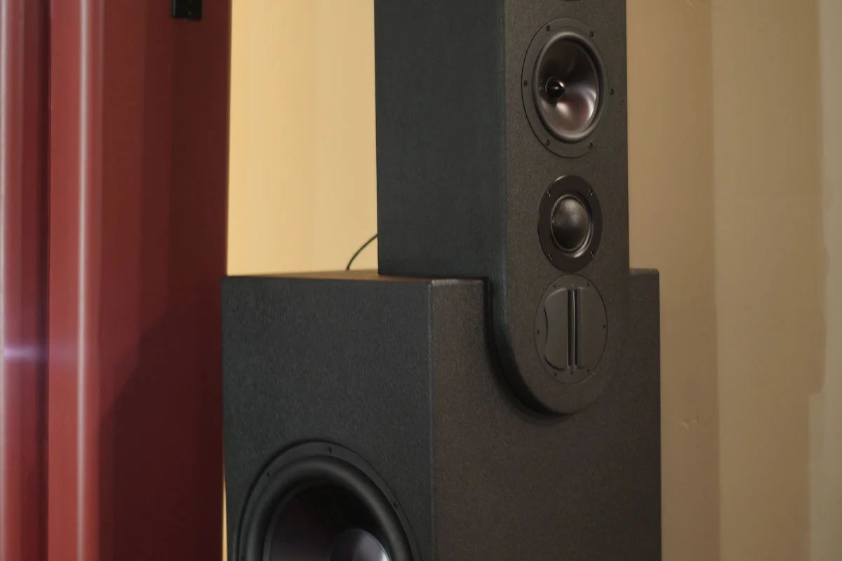 WubWub Audio custom tower speaker with ribbon tweeter and integrated subwoofer for Scottsdale home theater