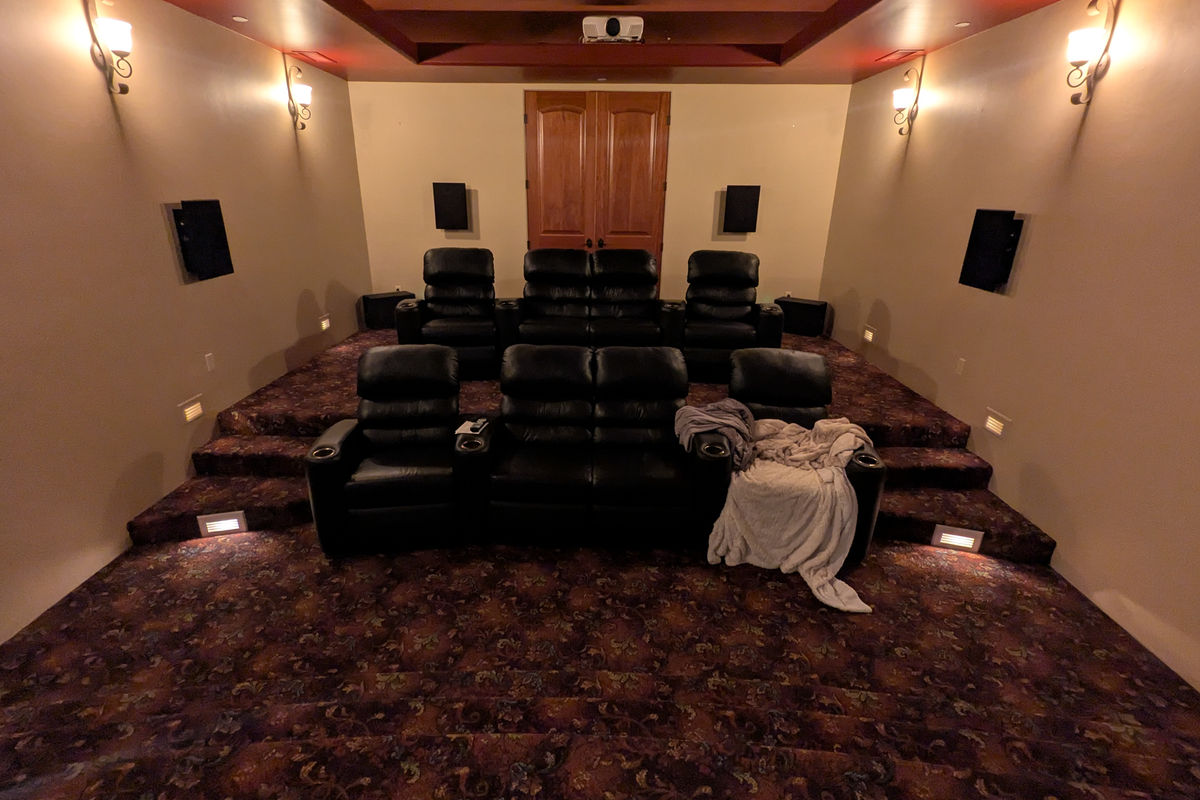 Sedona home theater front stage - custom LCR speakers with integrated subwoofers
