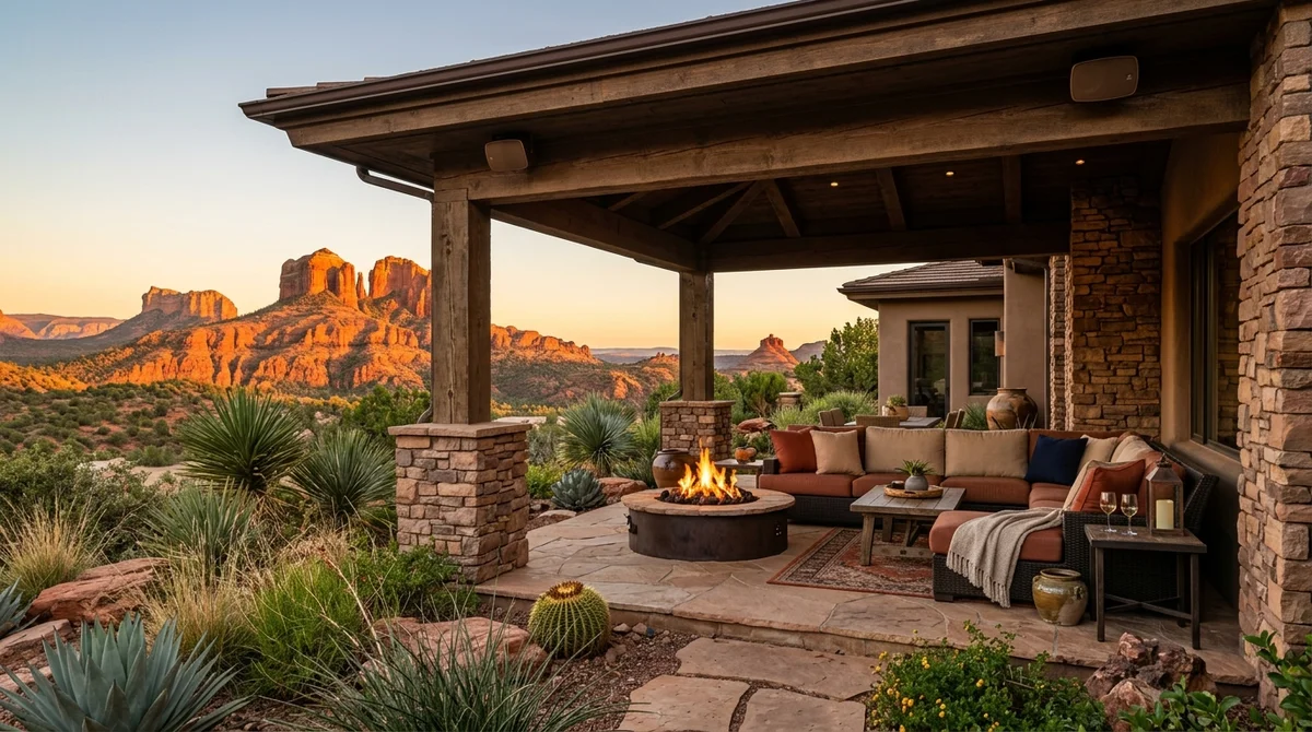 Outdoor audio system on luxury Sedona Arizona patio with red rock sunset views