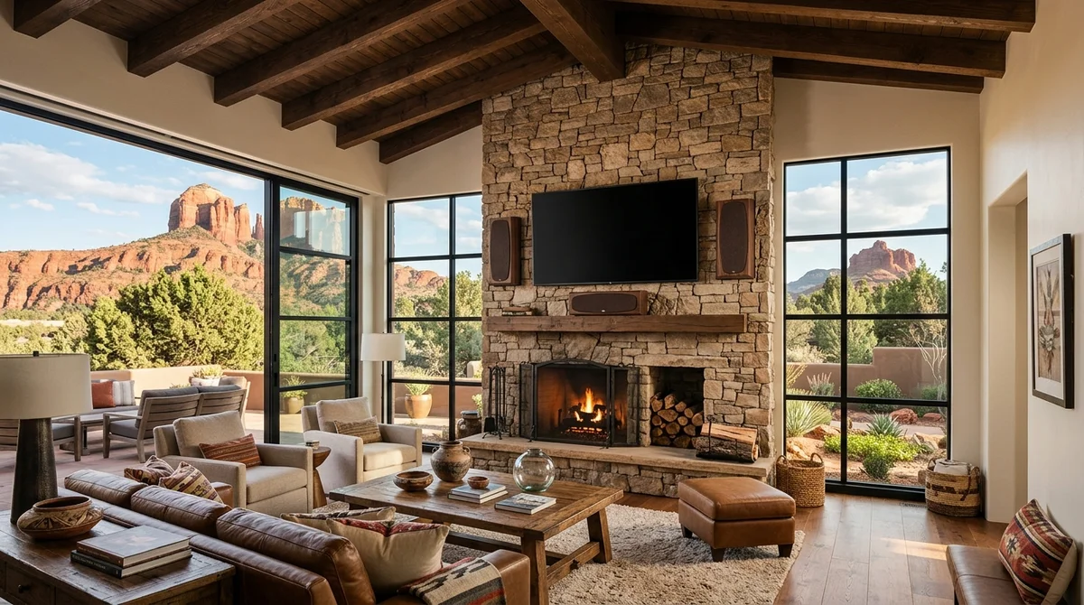 Custom home theater installation in Sedona Arizona living room with red rock views through windows