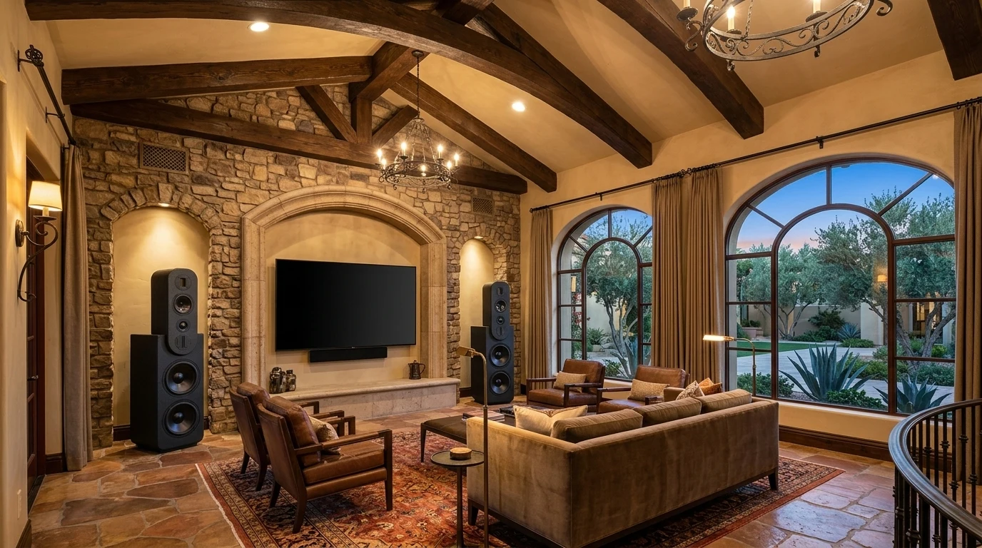 WubWub Audio rounded-top tower speakers in an Aviano Desert Ridge Tuscan villa great room with arched ceiling, terracotta tile, and stone-and-stucco TV wall